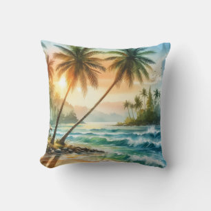 Palm Trees Tropical Beach Ocean Waves Sunset  Cushion
