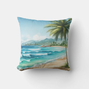 Palm Trees Tropical Beach Ocean Waves Watercolors  Cushion