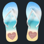 Palm Trees Tropical Beach Wedding Heart Bridesmaid Flip Flops<br><div class="desc">Personalised, trendy rose gold heart beach wedding flip flop sandals for bridesmaids and other members of the bridal party- Background is a tropical beach scene with a palm trees against a pretty blue sky and full sunlight with aqua turquoise water and sandy beach. Faux foil, rose gold heart design at...</div>