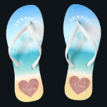Palm Trees Tropical Beach Wedding Team Bride Heart Flip Flops<br><div class="desc">Personalised, trendy rose gold heart beach wedding flip flop sandals- Background is a tropical beach scene with a palm trees against a pretty blue sky and full sunlight with aqua turquoise water and sandy beach. Faux foil, rose gold heart design at bottom. Reads Team, then Bride, on other sandal in...</div>