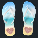 Palm Trees Tropical Beach Wedding Team Bride Heart Flip Flops<br><div class="desc">Personalised, trendy rose gold heart beach wedding flip flop sandals- Background is a tropical beach scene with a palm trees against a pretty blue sky and full sunlight with aqua turquoise water and sandy beach. Faux foil, rose gold heart design at bottom. Reads Team, then Bride, on other sandal in...</div>