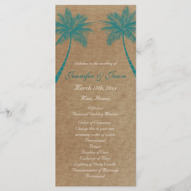 Palm Trees Tropical Teal Beach Wedding Programs Programme (Front)