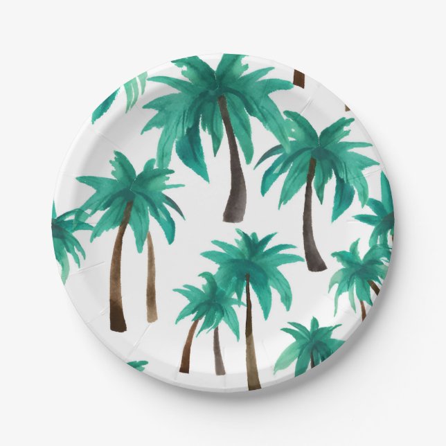 Palm Trees Tropical Watercolor  Paper Plate (Front)