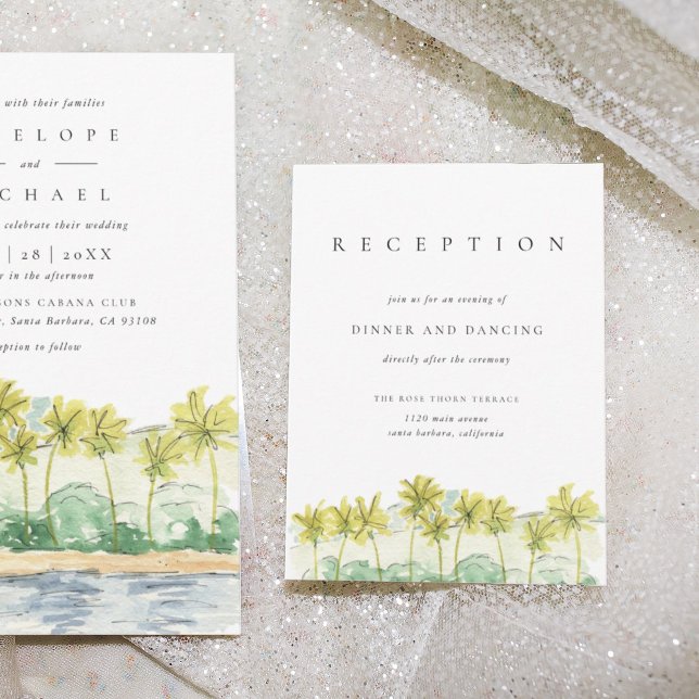 Palm Trees Tropical Wedding Reception Enclosure Invitation (Watercolor palm trees beach scene wedding reception information enclosure cards.)