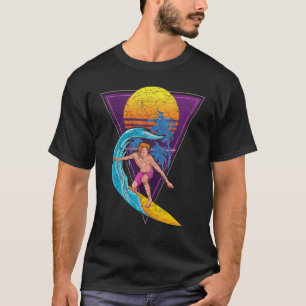 Palm Trees Vaporwave Sunset Waves Surfing Surfboar T-Shirt