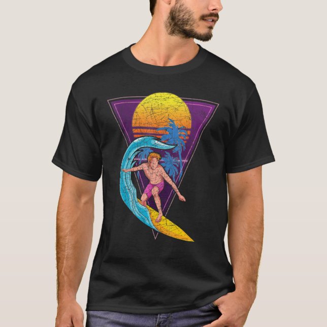 Palm Trees Vaporwave Sunset Waves Surfing Surfboar T-Shirt (Front)