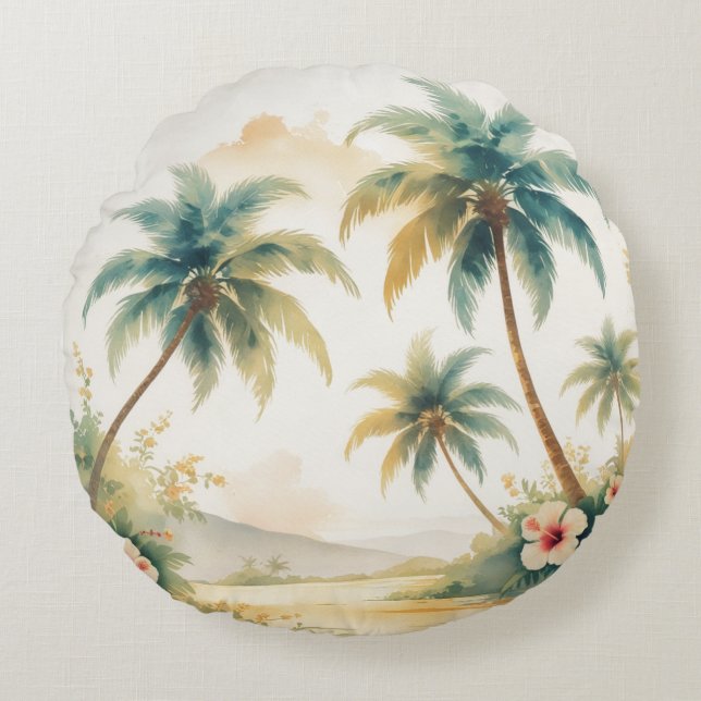 Palm Trees Vintage Style Hawaiian Travel Round Cushion (Front)