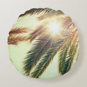 Palm Trees, Vintage Toned Sky. Round Cushion