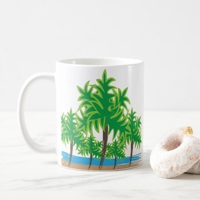 Palm Trees Watercolor Beach Tropical  Coffee Mug (With Donut)