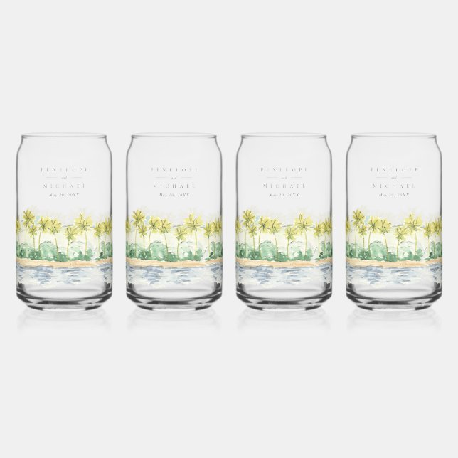 Palm Trees Watercolor Beach Tropical Wedding Can Glass (Front)
