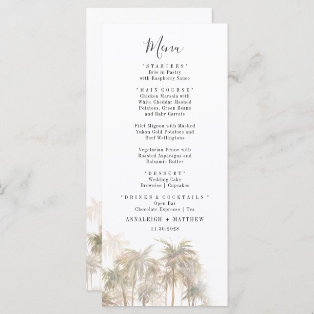 Palm Trees Watercolor Coastal Wedding Menu (Front/Back)