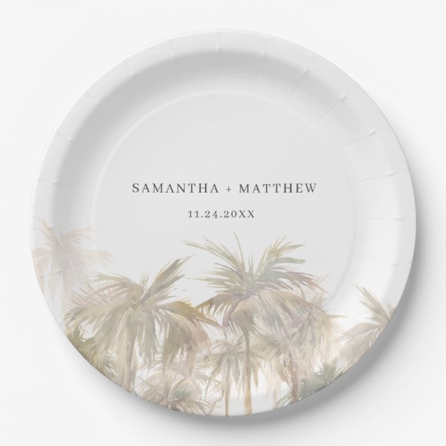 Palm Trees Watercolor Coastal Wedding Paper Plate (Front)
