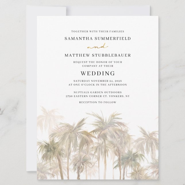 Palm Trees Watercolor Modern Wedding Invitation (Front)