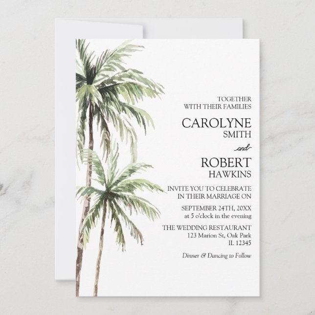 Palm Trees Watercolor Tropical Beach Wedding Invitation (Front)