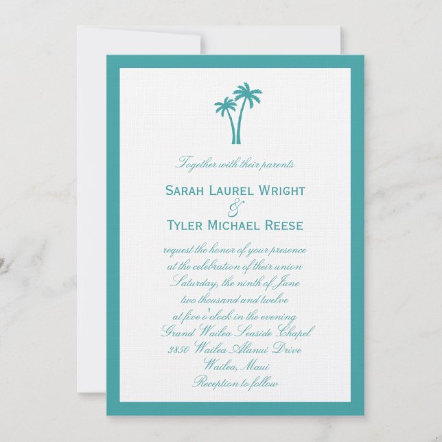 Palm Trees Wedding Invitation - White/Aqua (Front)
