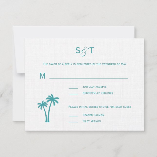 Palm Trees Wedding RSVP Card - White/Aqua (Front)