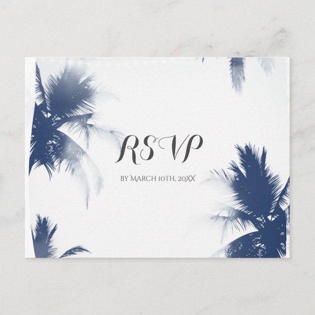 Palm Trees White Glamour Chic Modern Tropical RSVP Invitation Postcard (Front)