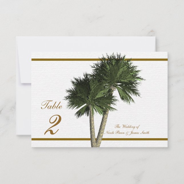 Palm Trees White & Gold Elegant Wedding Table Card (Front)