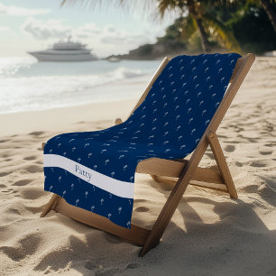 Palm Trees White on Navy Blue Beach Towel