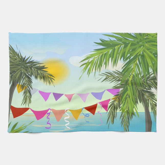 Palm trees with Bunting and Sun dishtowel Tea Towel (Horizontal)
