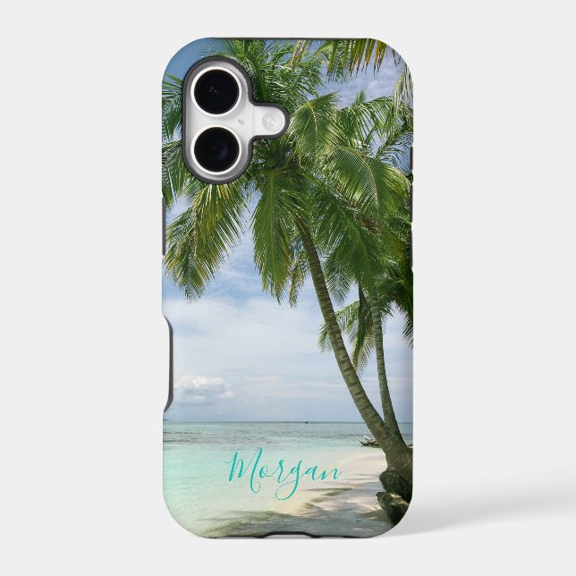 Palm Trees, Your Photo, Name Teal Script (Back)