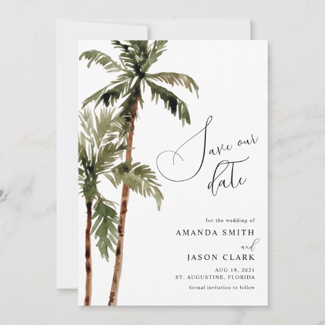 Palm Tropical Island Minimal Beach Save The Date Invitation (Front)