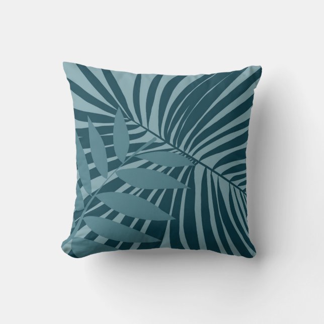 palm & tropical leaf abstract in blue green grey cushion (Front)