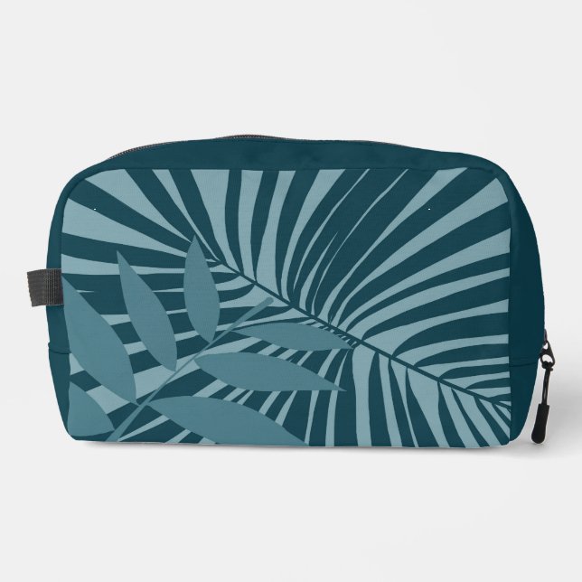 palm & tropical leaf abstract in blue green grey dopp kit (Front)