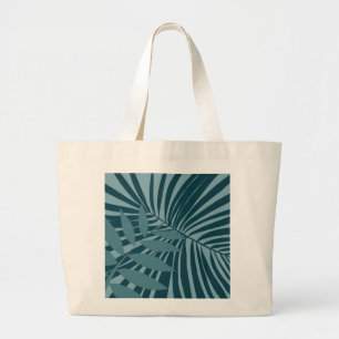 palm & tropical leaf abstract in blue green grey large tote bag