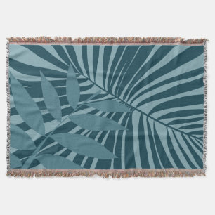 palm & tropical leaf abstract in blue green grey throw blanket