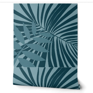 palm & tropical leaf abstract in blue green grey wallpaper