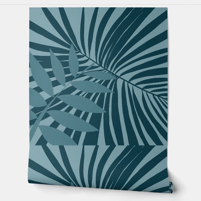 palm & tropical leaf abstract in blue green grey wallpaper (Unrolling)