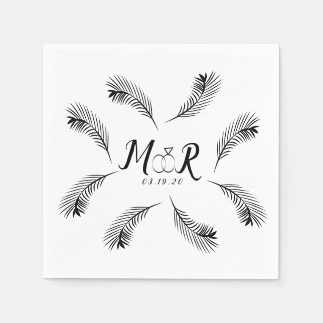 Palm Tropical Leaf Ring Wedding Logo Napkin (Front)
