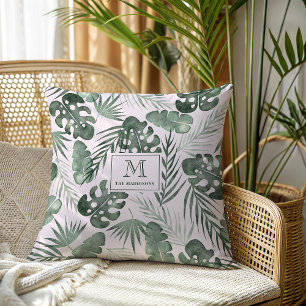 Palm Tropical Leaves Pattern Family Monogram Name Cushion