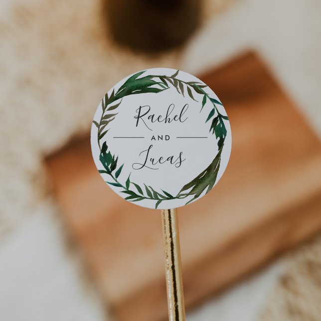 Palm Wreath Personalised Wedding Classic Round Sticker (Creator Uploaded)