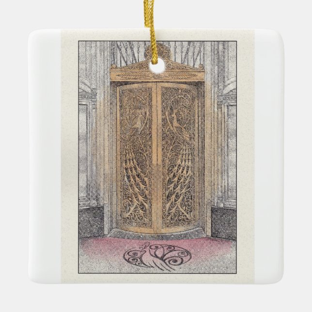 Palmer House Golden Peacock Doors Ceramic Ornament (Front)