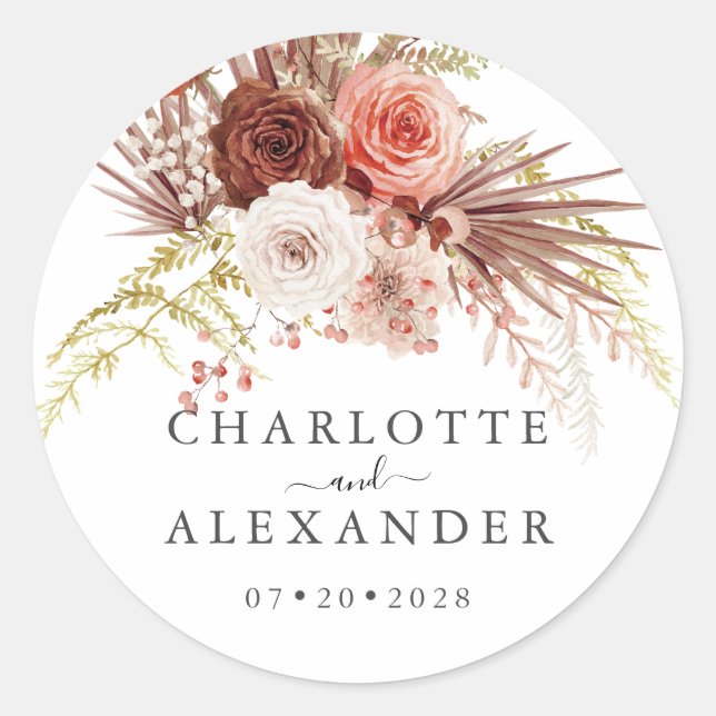 Palmetto Rust Orange Terracotta Floral Wedding  Classic Round Sticker (Front)