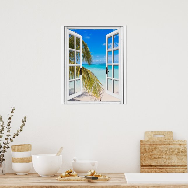 Palms and Beach Artificial Window View Poster (Kitchen)