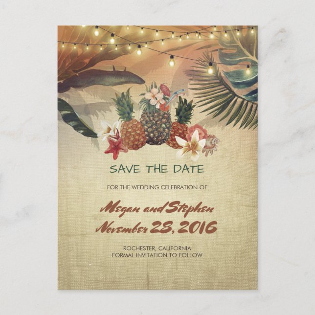 Palms and Pineapples Rustic Beach Save the Date Announcement Postcard (Front)