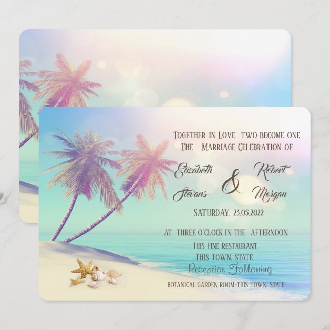 Palms Beach Seashells Wedding Invitation (Front/Back)