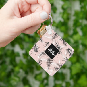Palms Black White Earthy Tone Pink Monogrammed Key Ring