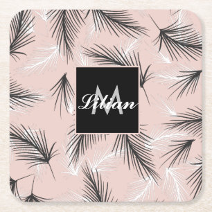 Palms Black White Earthy Tone Pink Monogrammed Square Paper Coaster