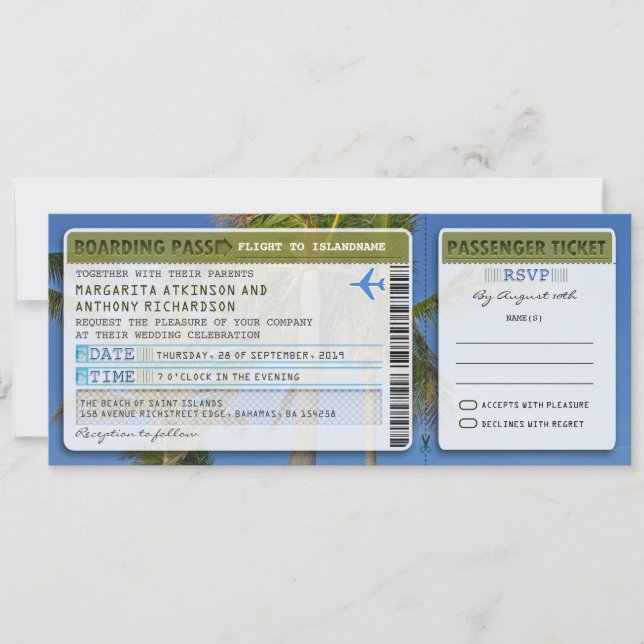 palms boarding pass wedding ticket-invite & rsvp invitation (Front)