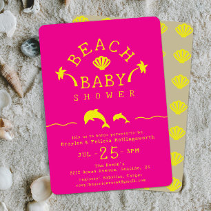 Palms & Dolphins Pink & Yellow Beach Baby Shower Invitation