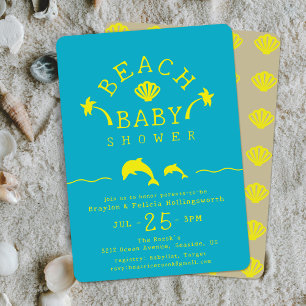 Palms & Dolphins Teal & Yellow Beach Baby Shower Invitation