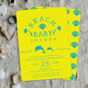 Palms & Dolphins Yellow & Teal Beach Baby Shower Invitation