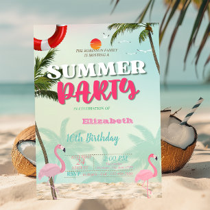 Palms Flamingos Summer Pool Birthday Party Invitation