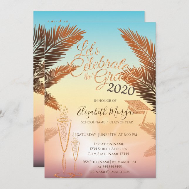 Palms, Glitter Graduation Cap,Glass Graduation Invitation (Front/Back)