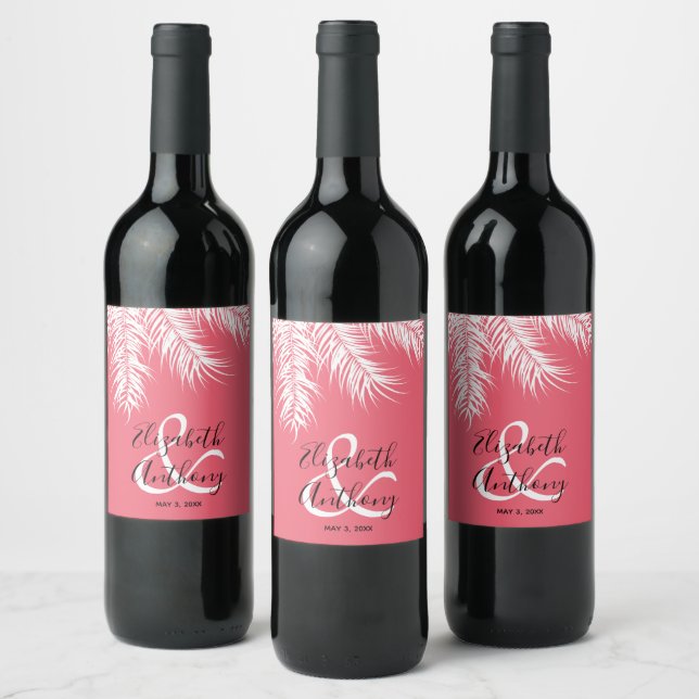 Palms on Hot Pink Wedding Wine Label (Bottles)