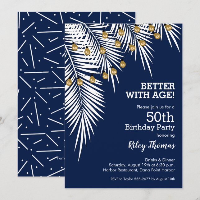 Palms on Navy Blue Birthday Party Invitation (Front/Back)
